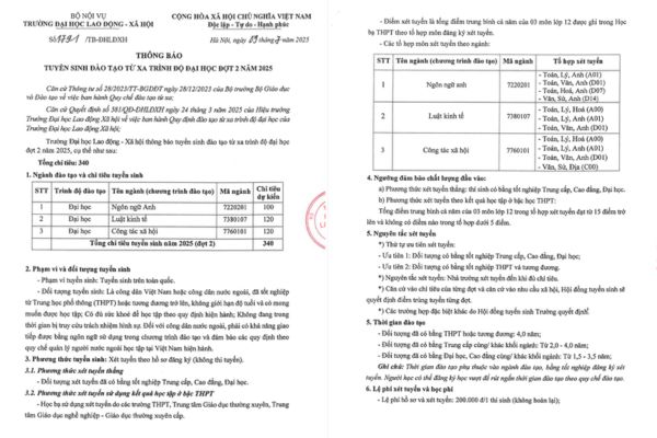 Thông báo tuyển sinh đợt 2/2025 Đại học từ xa Trường Đại học Lao động – Xã hội