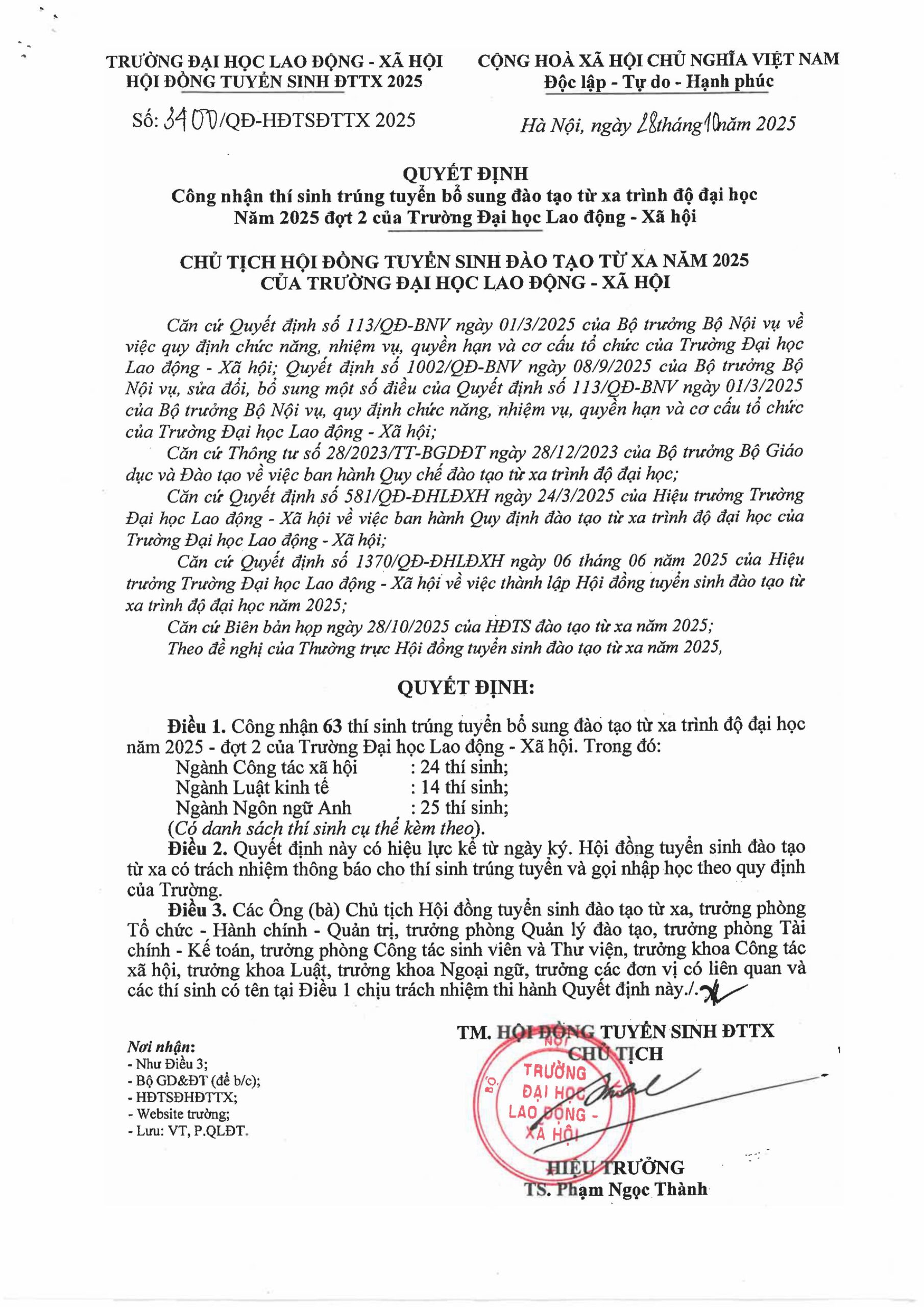 Thông báo: Quyết định trúng tuyển bổ sung đào tạo từ xa trình độ đại học – Năm 2025 đợt 2 của Trường Đại học Lao động – Xã hội